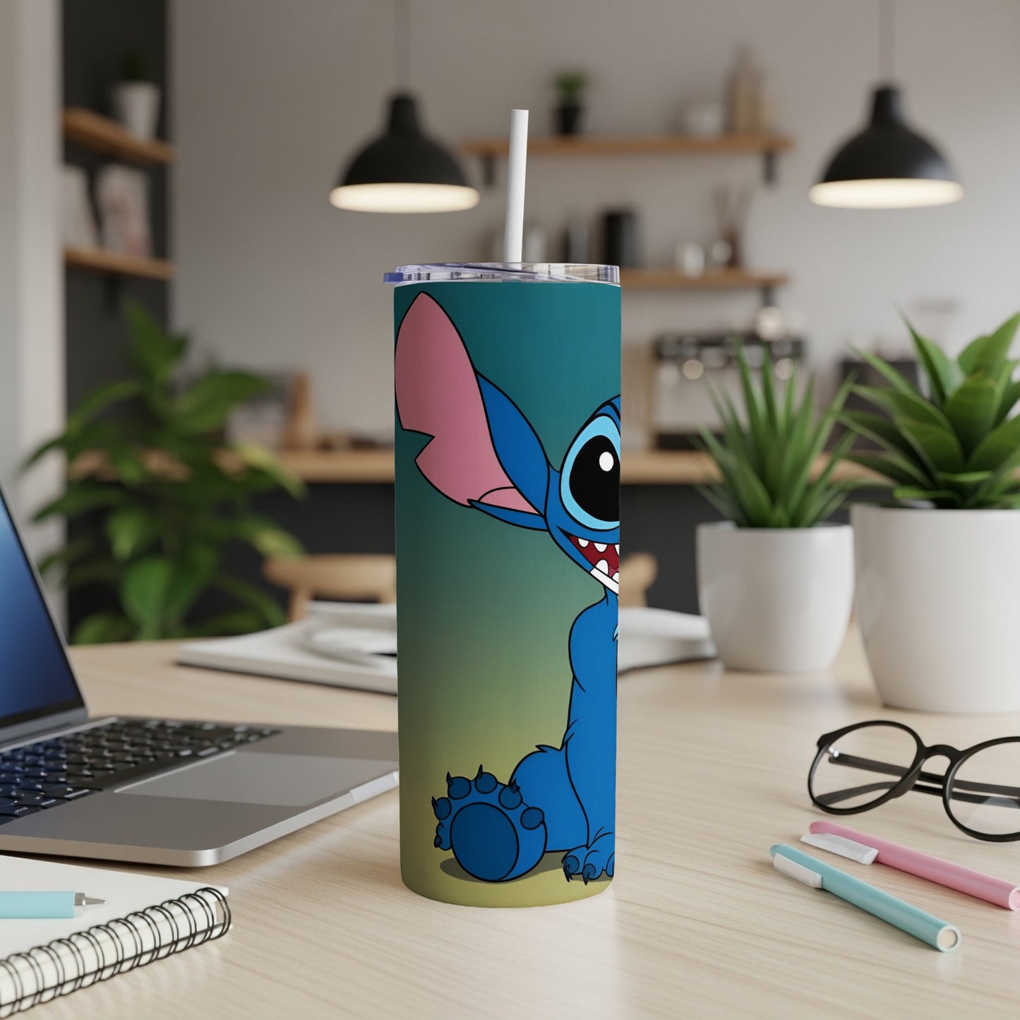Blue alien character with large ears on a teal to yellow gradient tumbler.