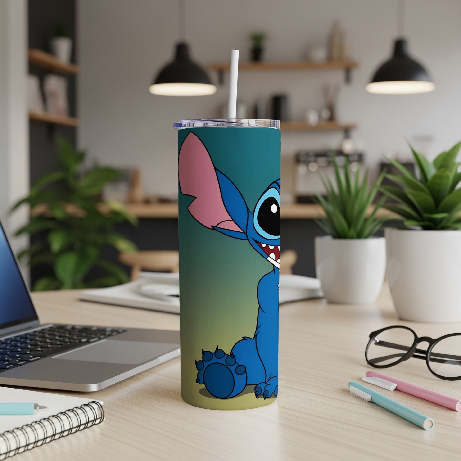 Blue alien character with large ears on a teal to yellow gradient tumbler.