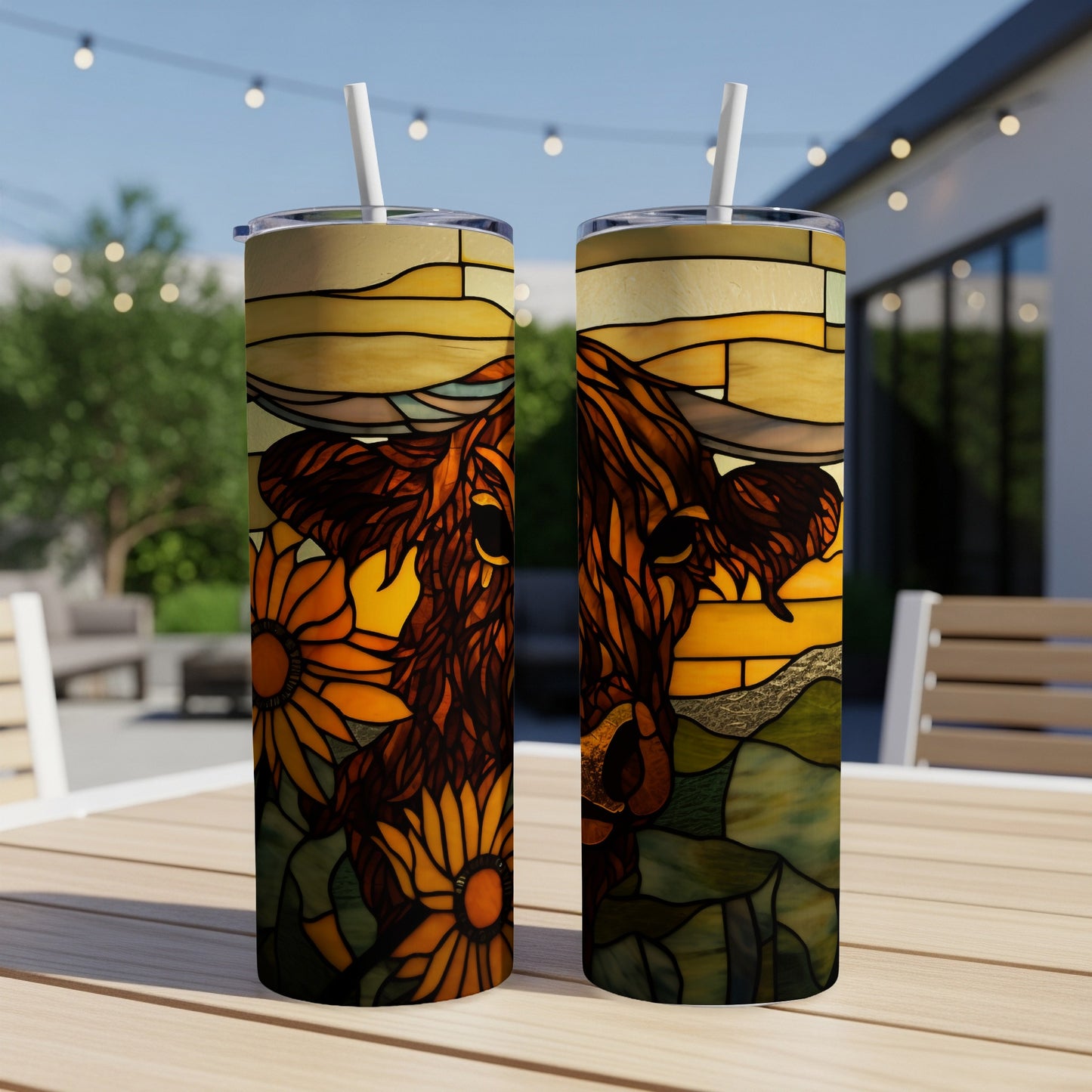 Stained glass cow with sunflowers on a skinny tumbler.