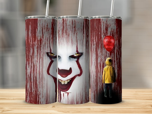 Three tumblers with Pennywise the clown and Georgie holding a red balloon.