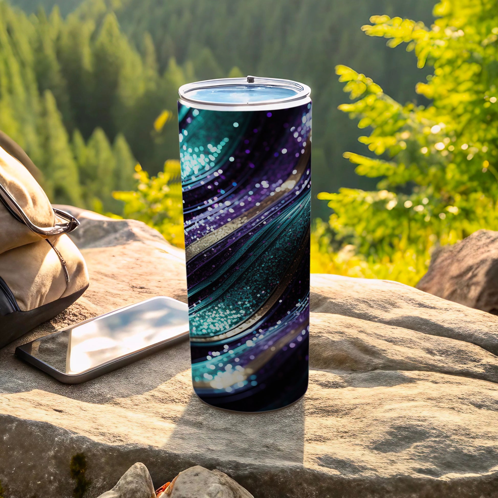 Abstract Teal Purple Gold Swirl Sparkling Dots Tumbler