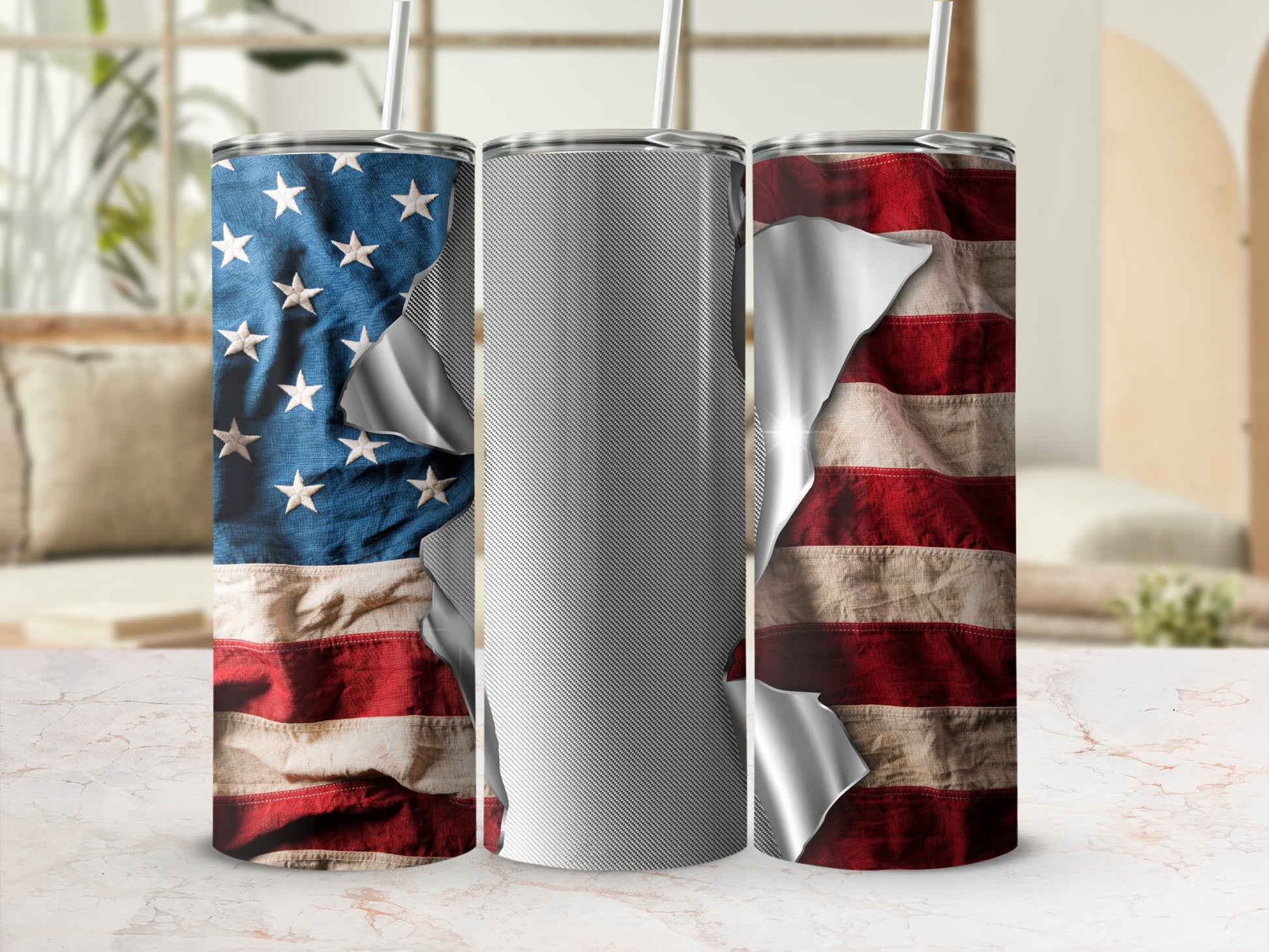 American flag design on a three-panel tumbler, one panel showing cracked distressed metal.