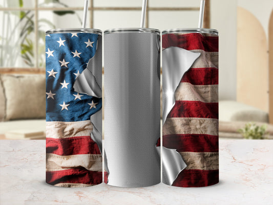 American flag design on a three-panel tumbler, one panel showing cracked distressed metal.