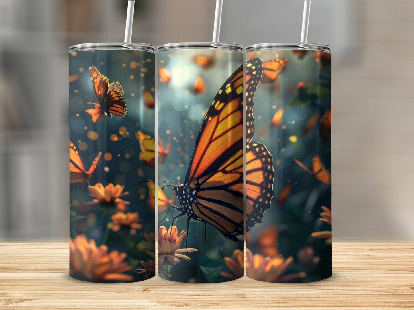 Monarch butterflies flying among orange flowers, with straw in tumbler.