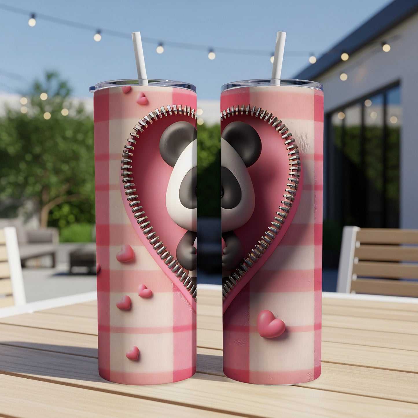 Pink plaid zipper heart with panda face on two tumblers.