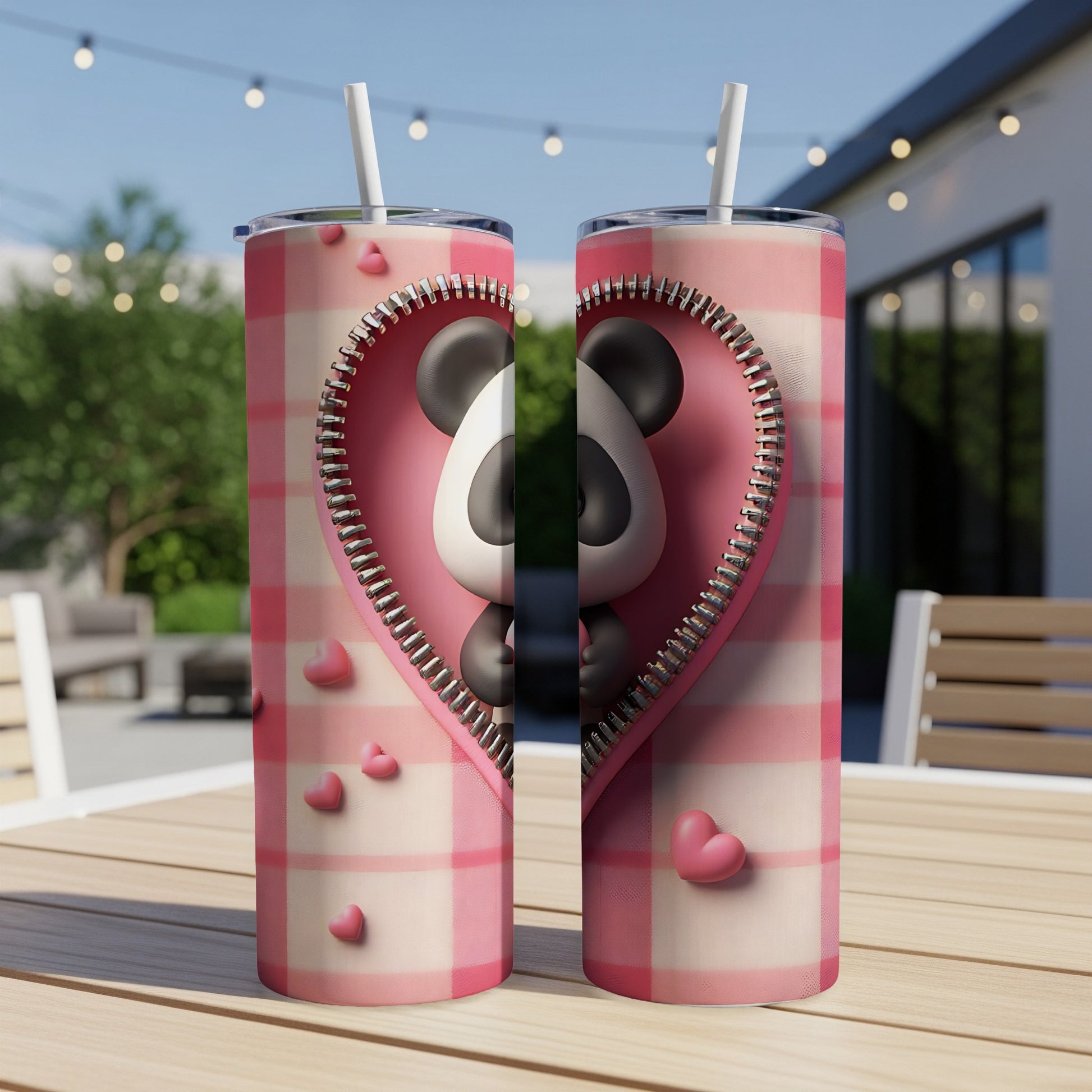Pink plaid zipper heart with panda face on two tumblers.