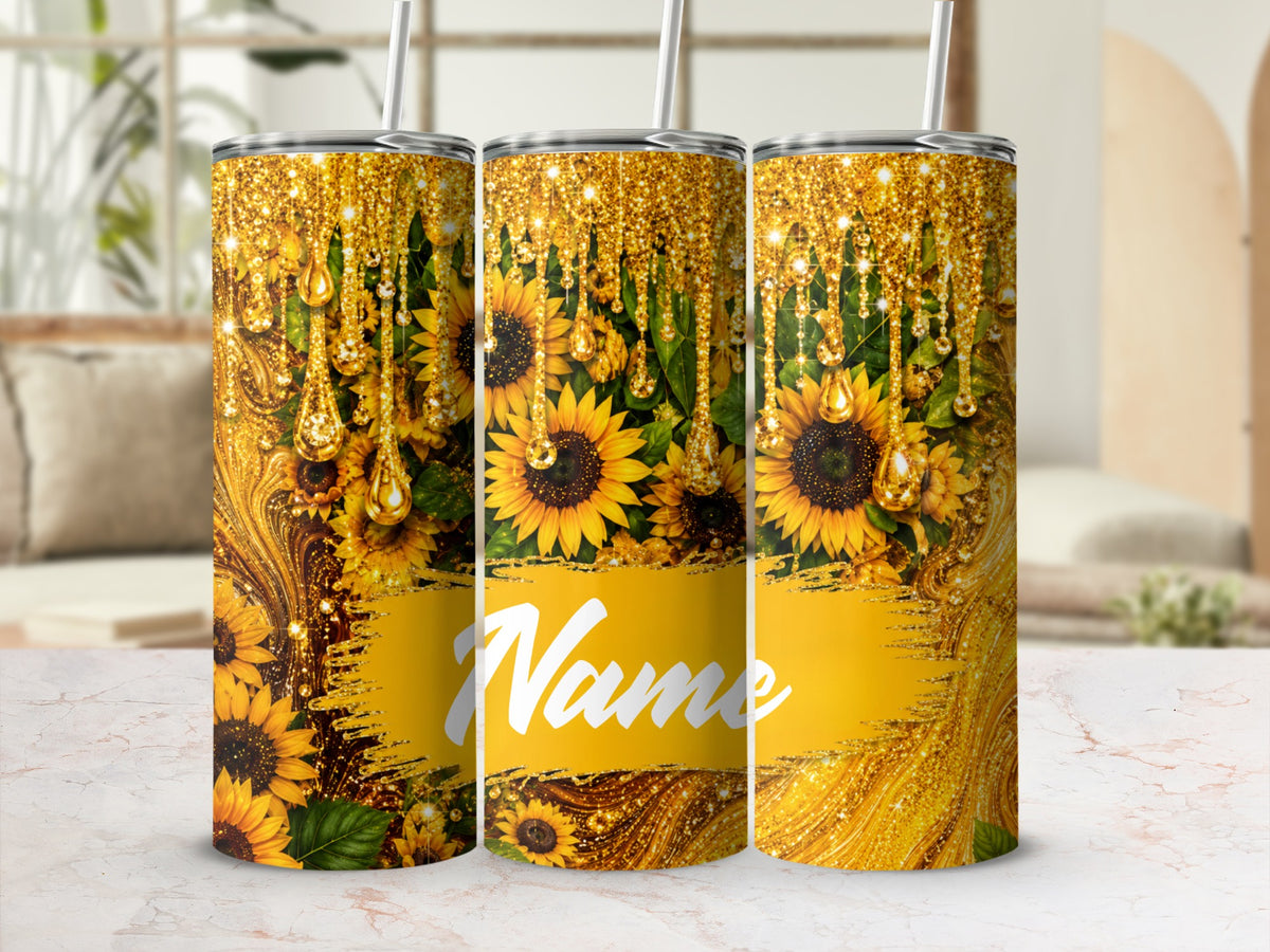 Three tumblers with sunflowers and gold glitter drips, one with the text "Name".