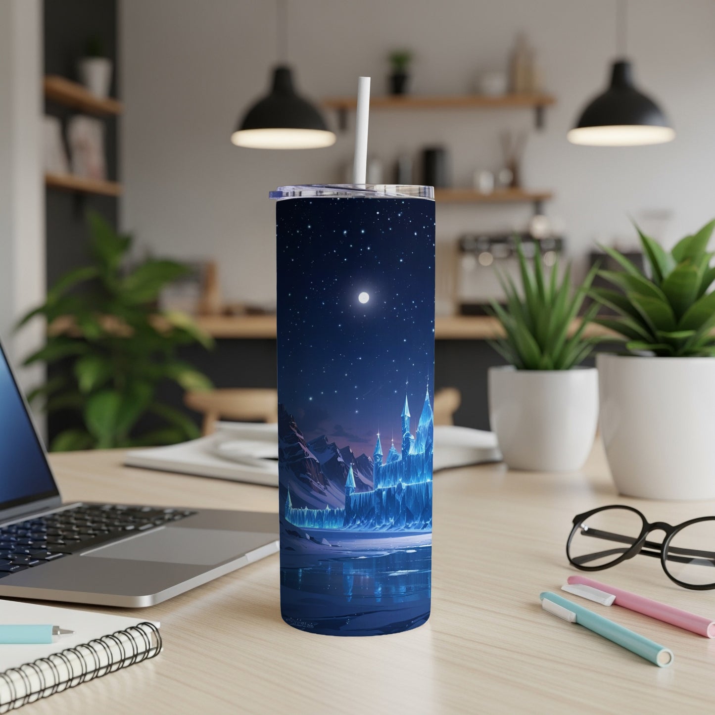 Glittering ice castle under starry night sky on a tumbler.