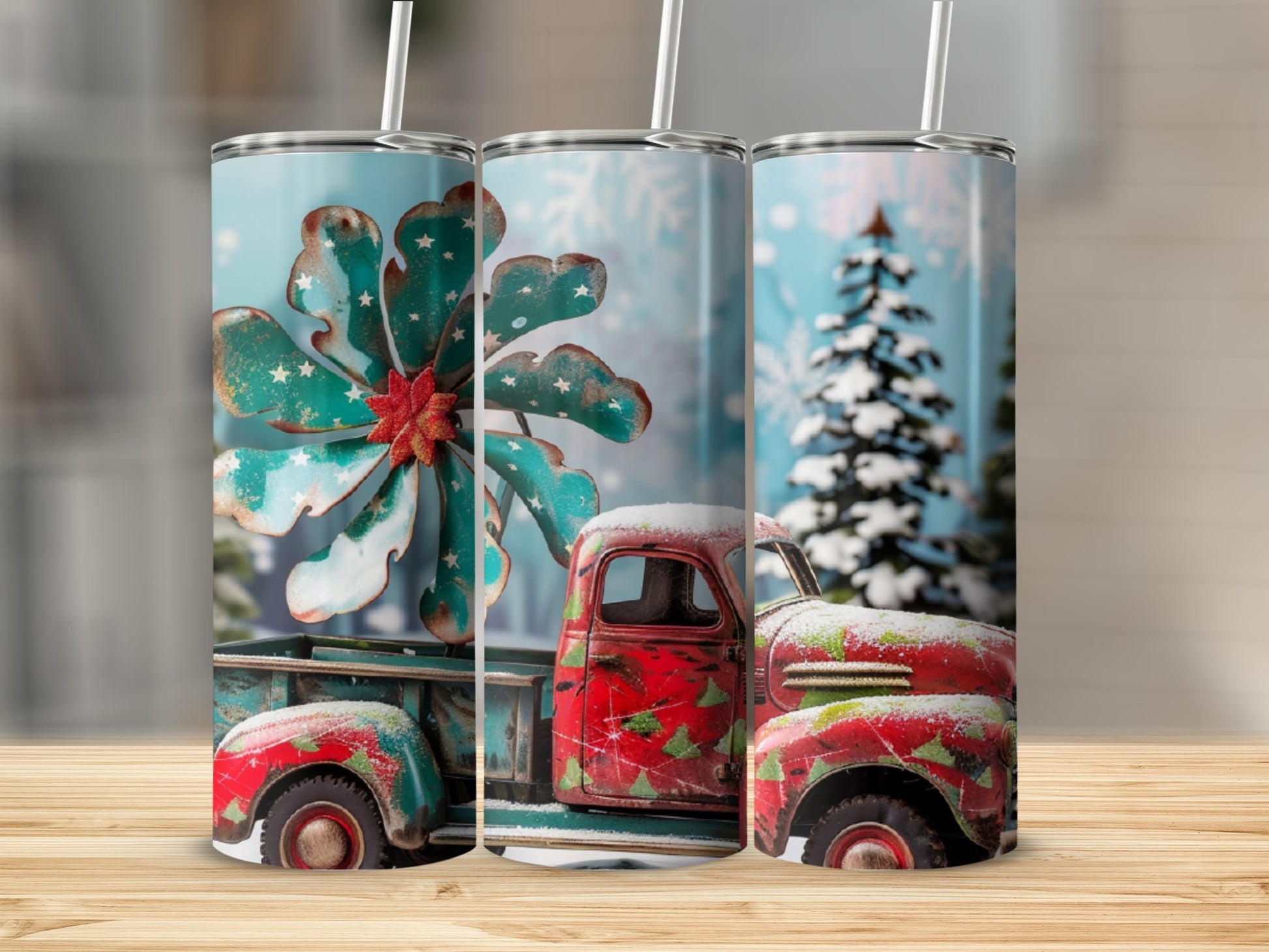 Christmas truck with snowflake wheel, snow-covered trees, and snowflakes.