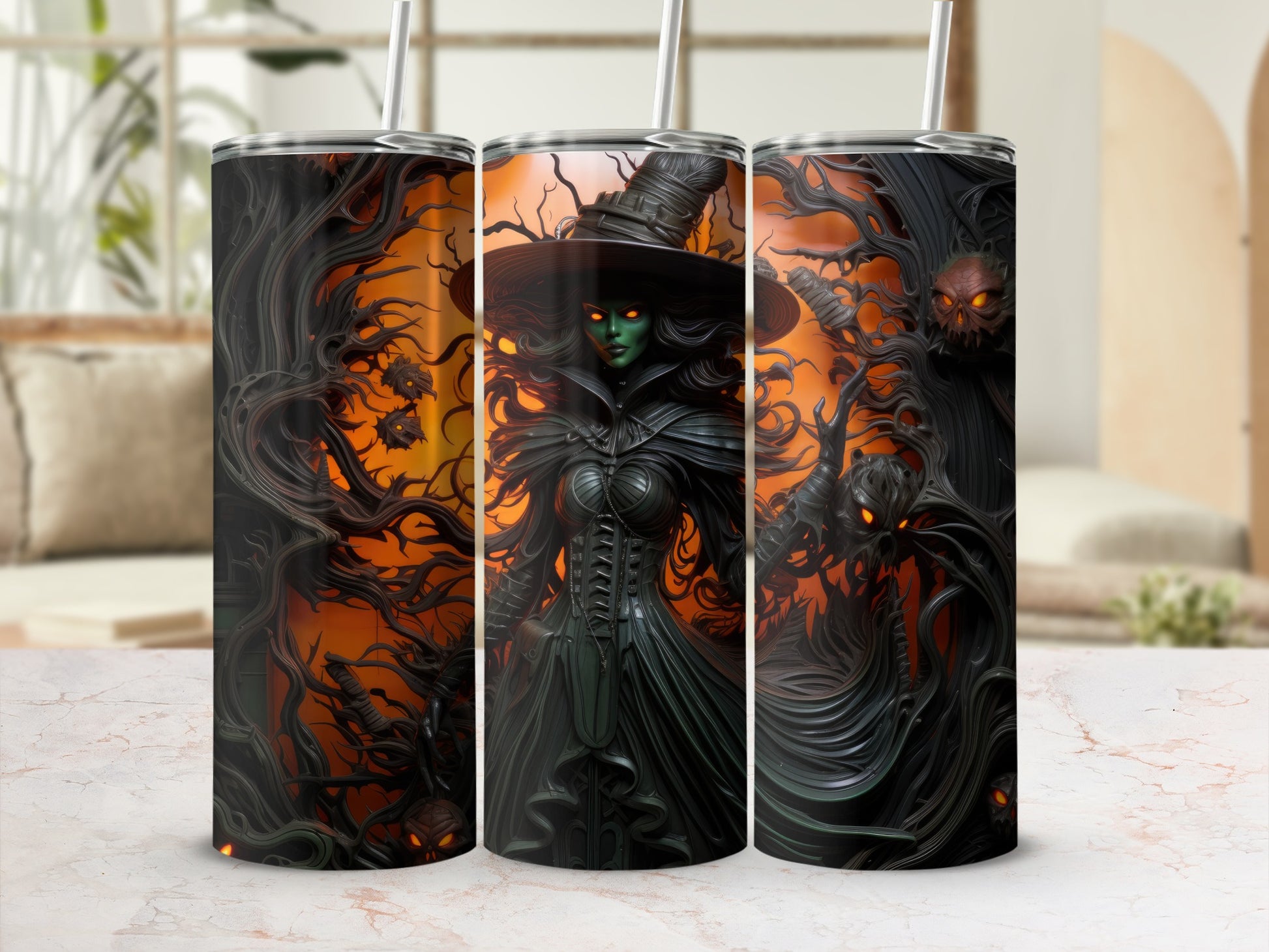 Triptych of tumblers featuring a dark witch with glowing green eyes and spooky trees.
