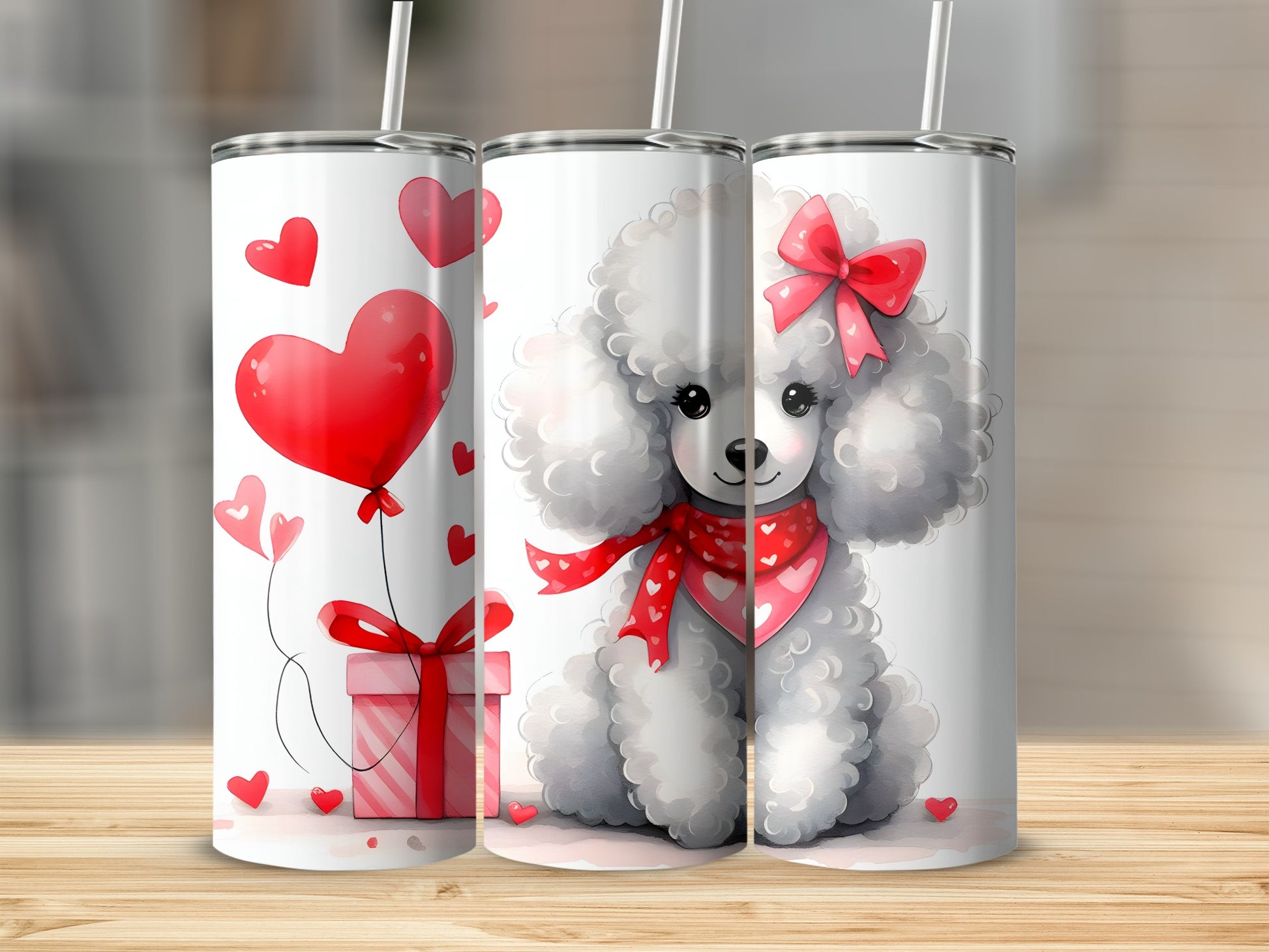 White poodle with red bow and bandana, holding gift box, on Valentine's Day tumbler.