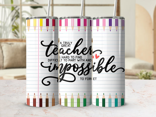 Teacher tumbler with pencil and lined paper design and inspirational quote.