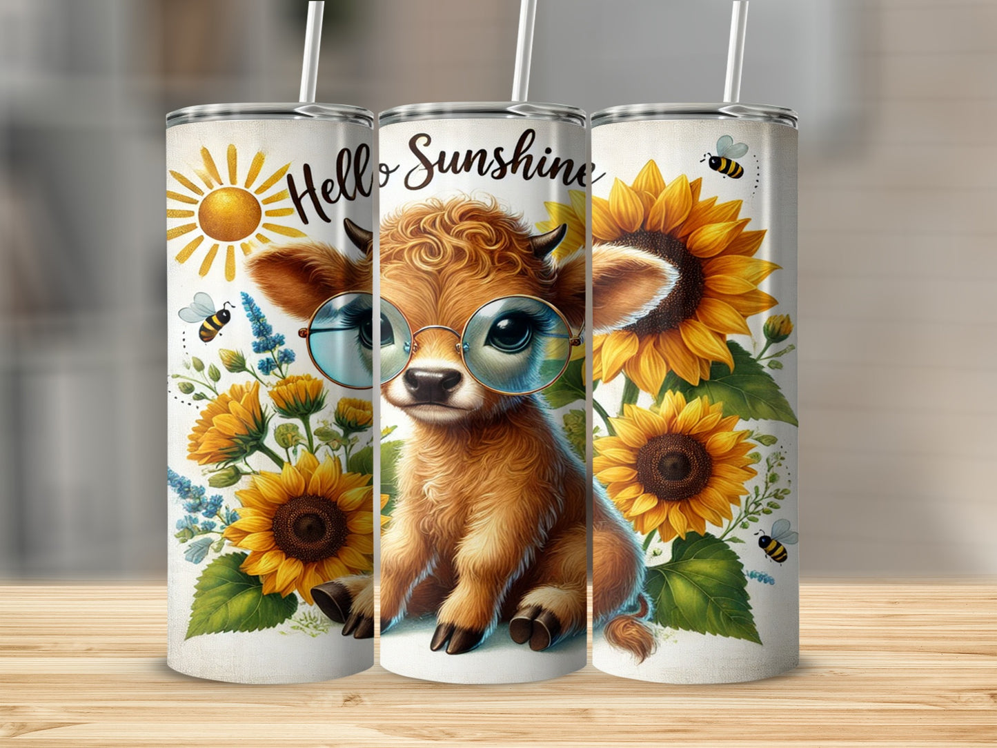 Cute Cow with Sunflowers and Bees Hello Sunshine Tumbler