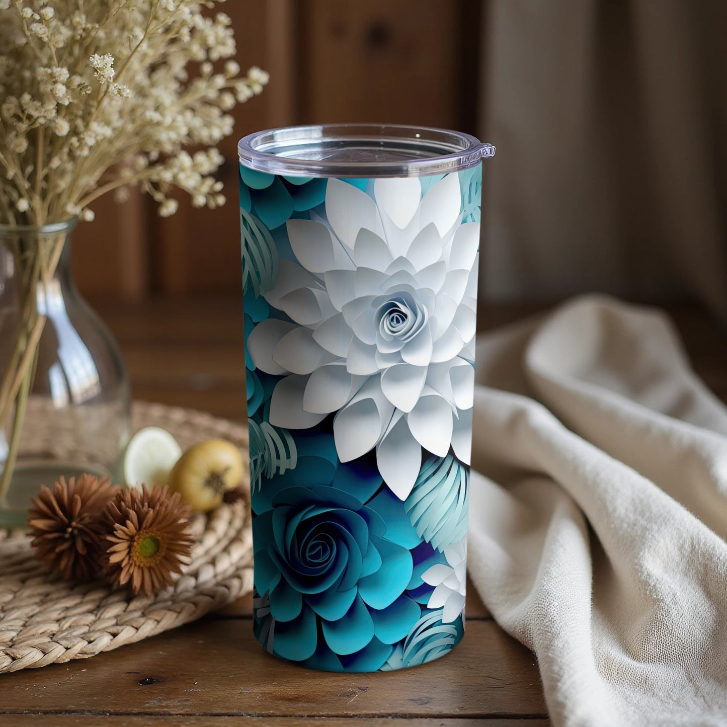 Elegant Blue and White Floral Drinkware Tumbler