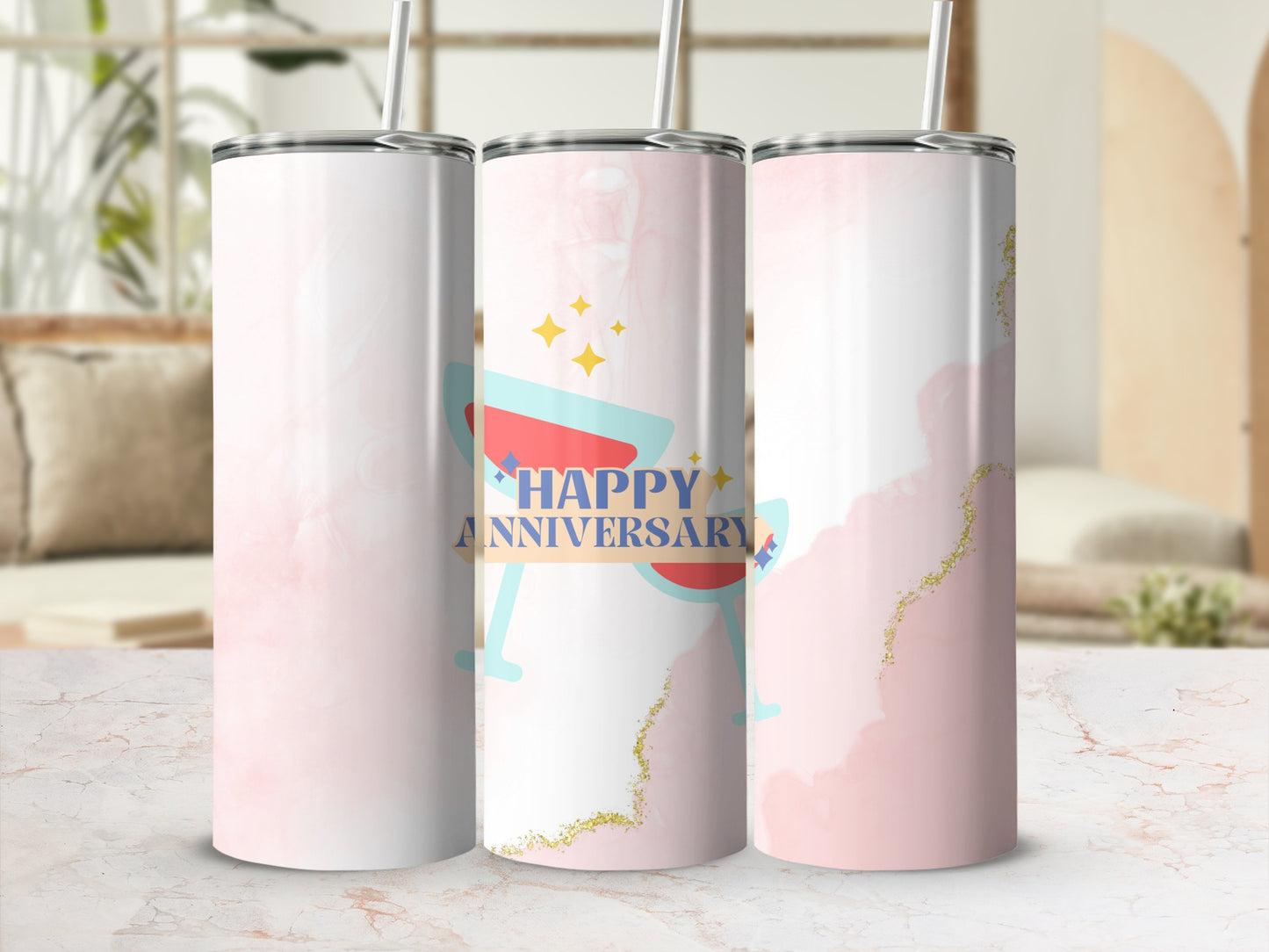 Three tumblers with a pink watercolor design and "Happy Anniversary" text.
