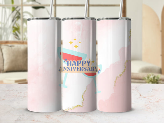 Three tumblers with a pink watercolor design and "Happy Anniversary" text.