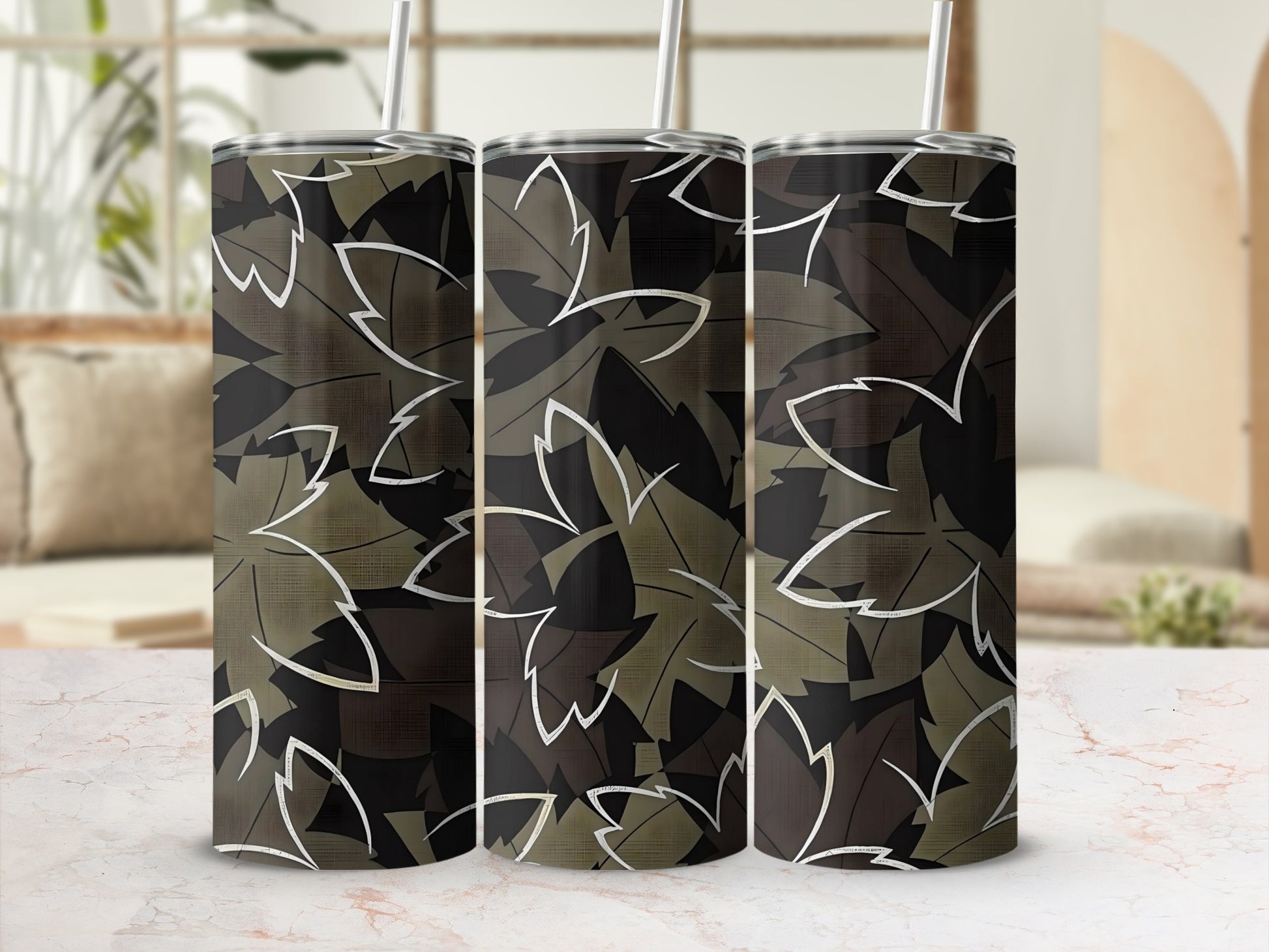 Autumn Leaf Pattern Slim Tumbler with Straw Tumbler
