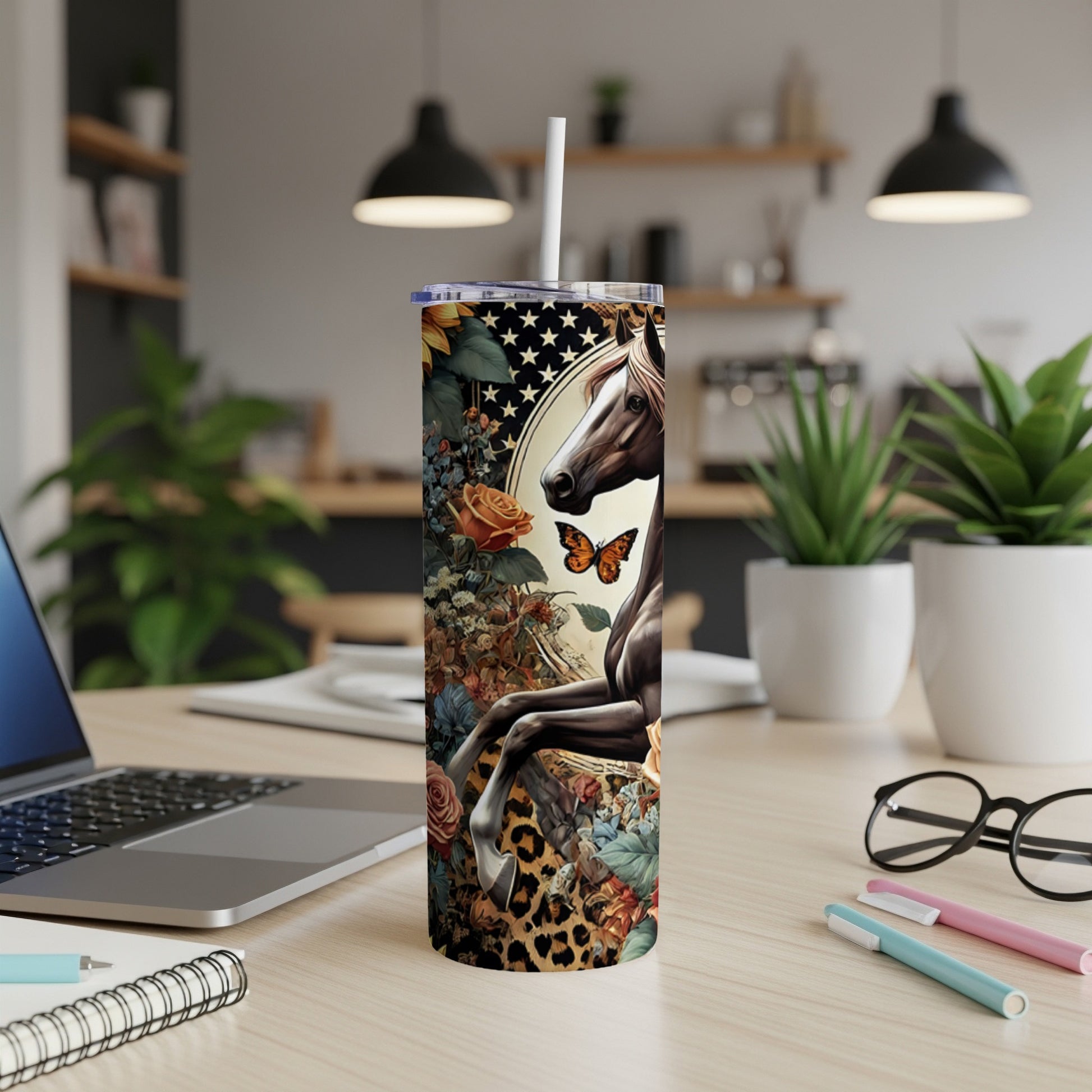 Horse, flowers, and leopard print on a skinny tumbler.