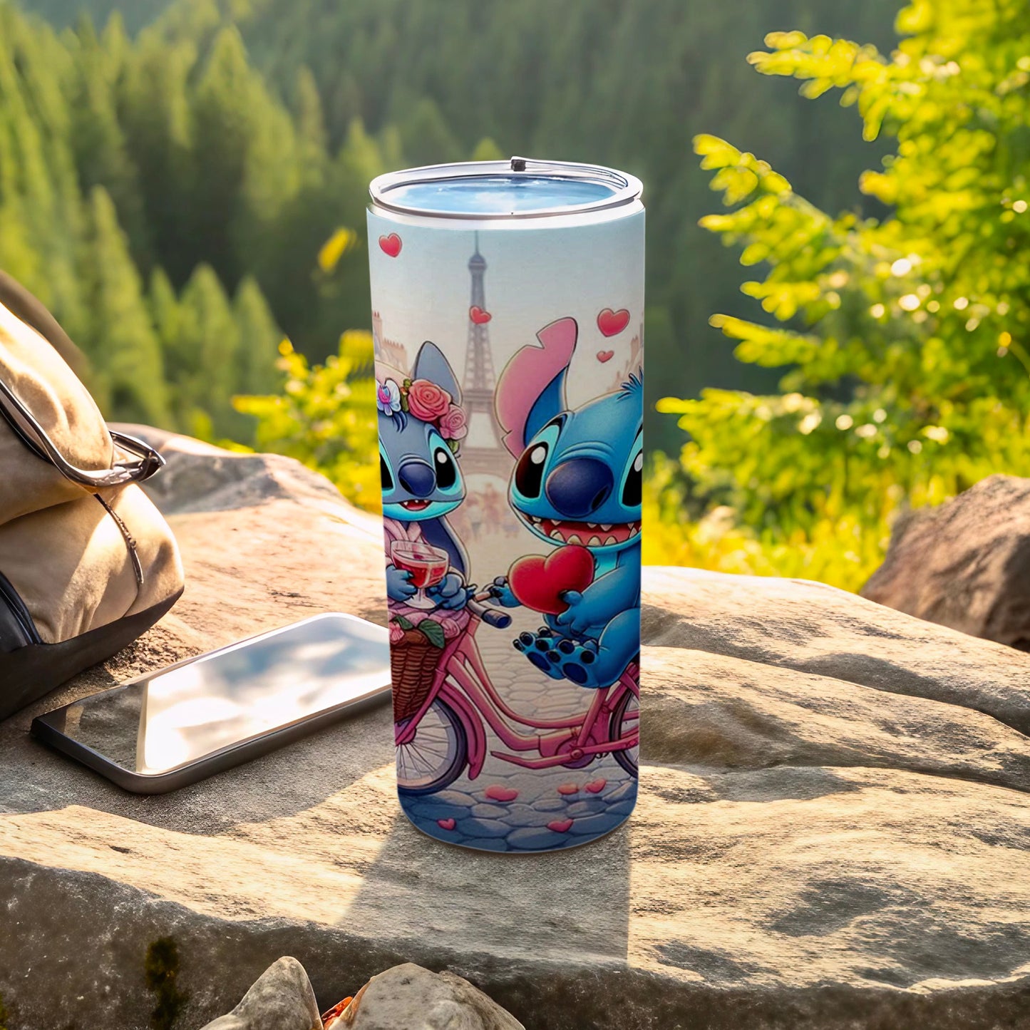Cute Cartoon Characters Tumbler with Heart and Eiffel Tower