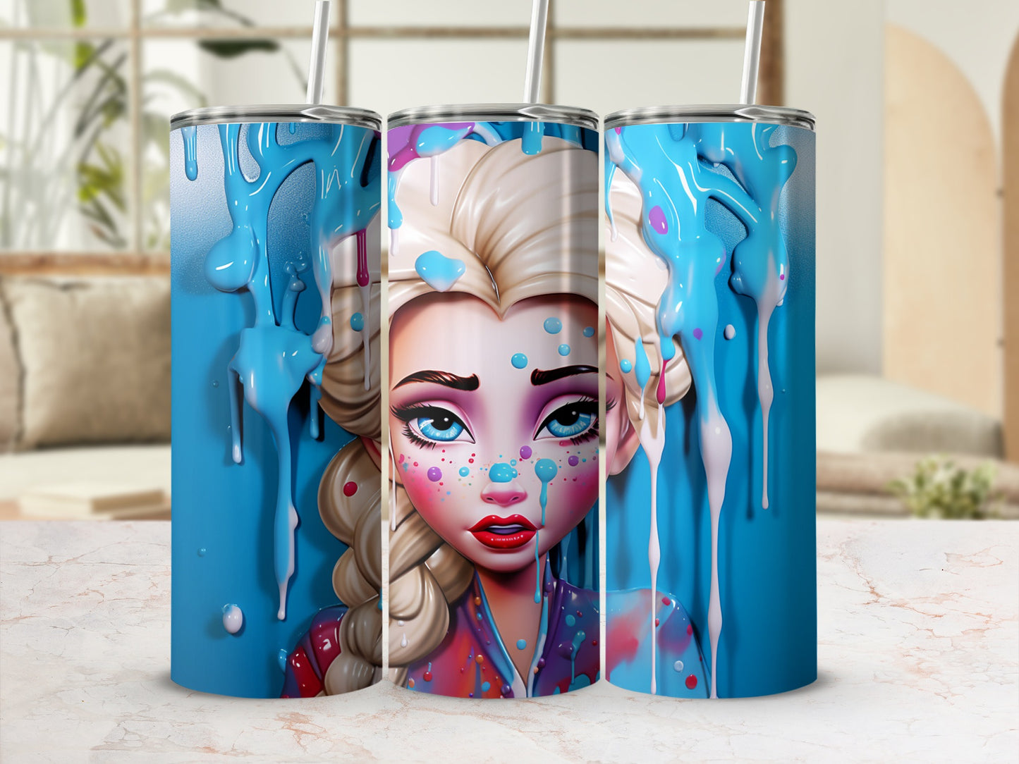 Frozen-inspired tumblers with artistic drips design