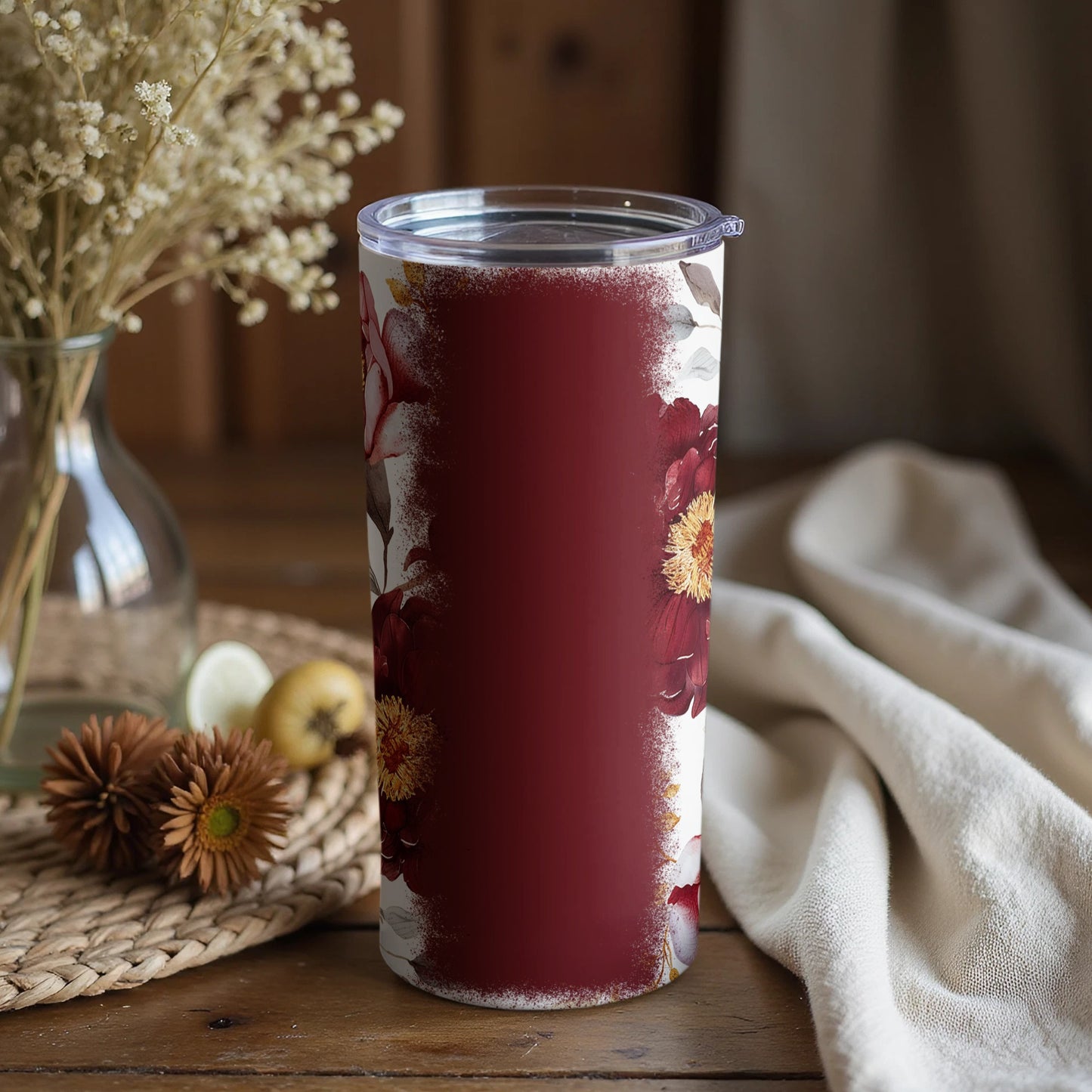 Floral Patterned Tumbler with Burgundy Accent