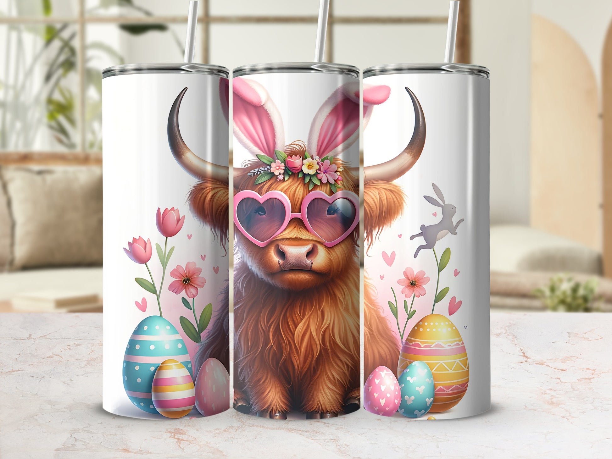 Highland cow with Easter bunny ears and heart sunglasses, surrounded by colorful Easter eggs and flowers.
