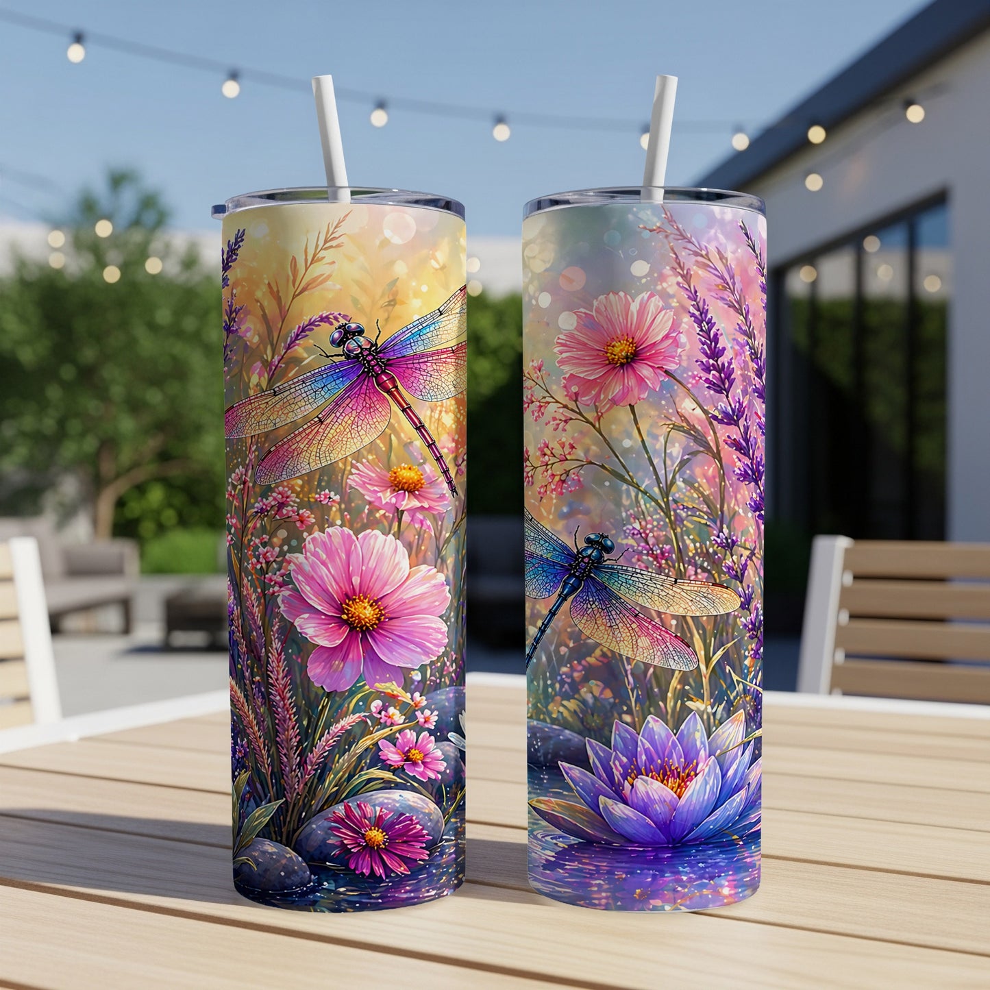 Two dragonflies hover over colorful flowers and a lotus blossom.