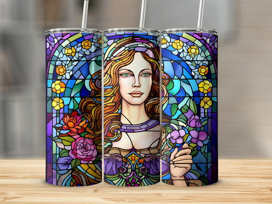 Woman with long auburn hair and flowers in stained glass style.