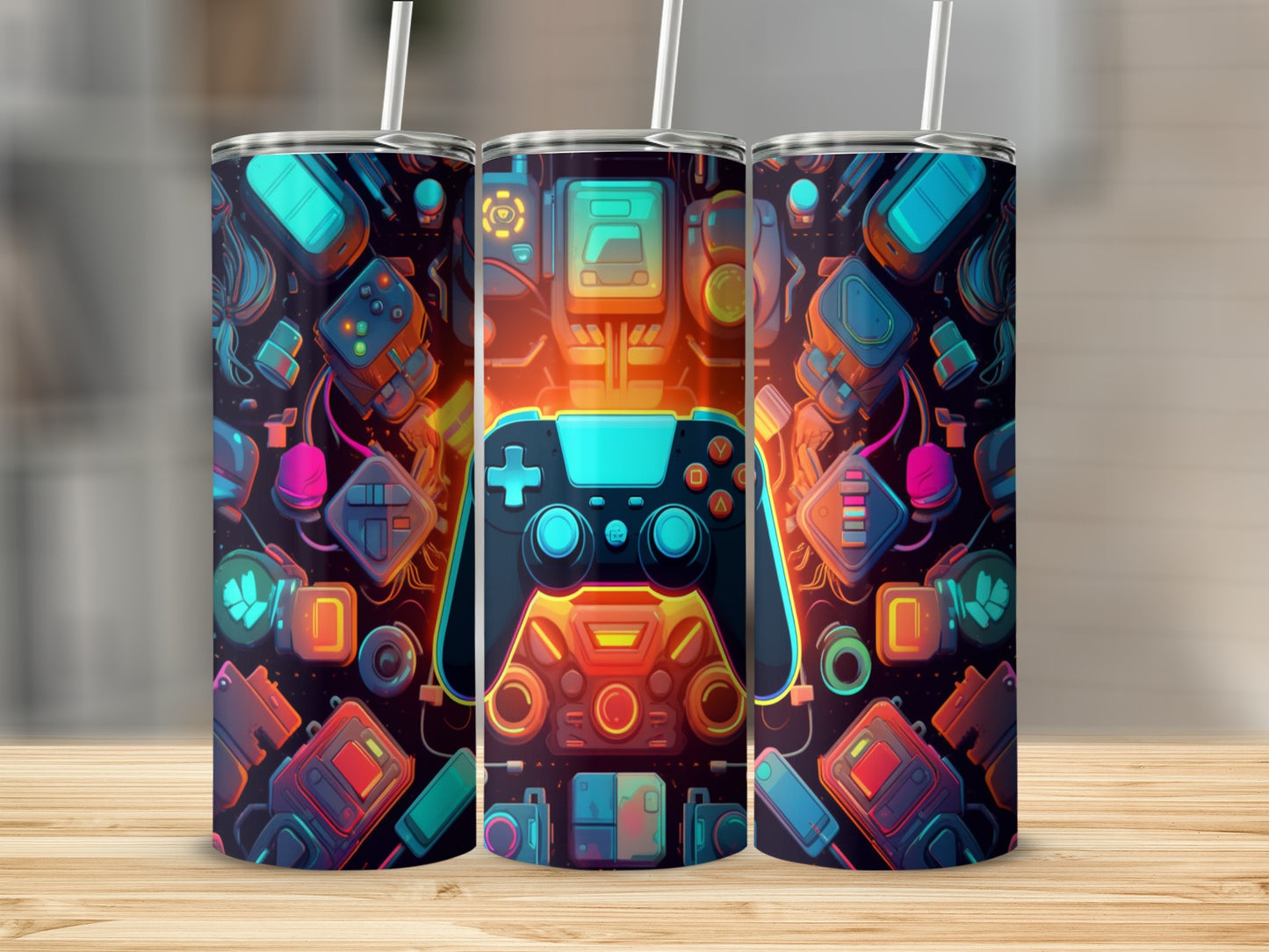 Three tumblers with a retro video game controller design.