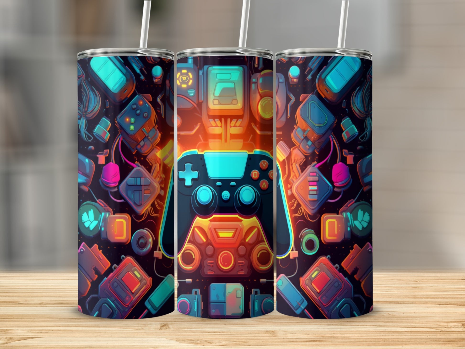 Three tumblers with a retro video game controller design.
