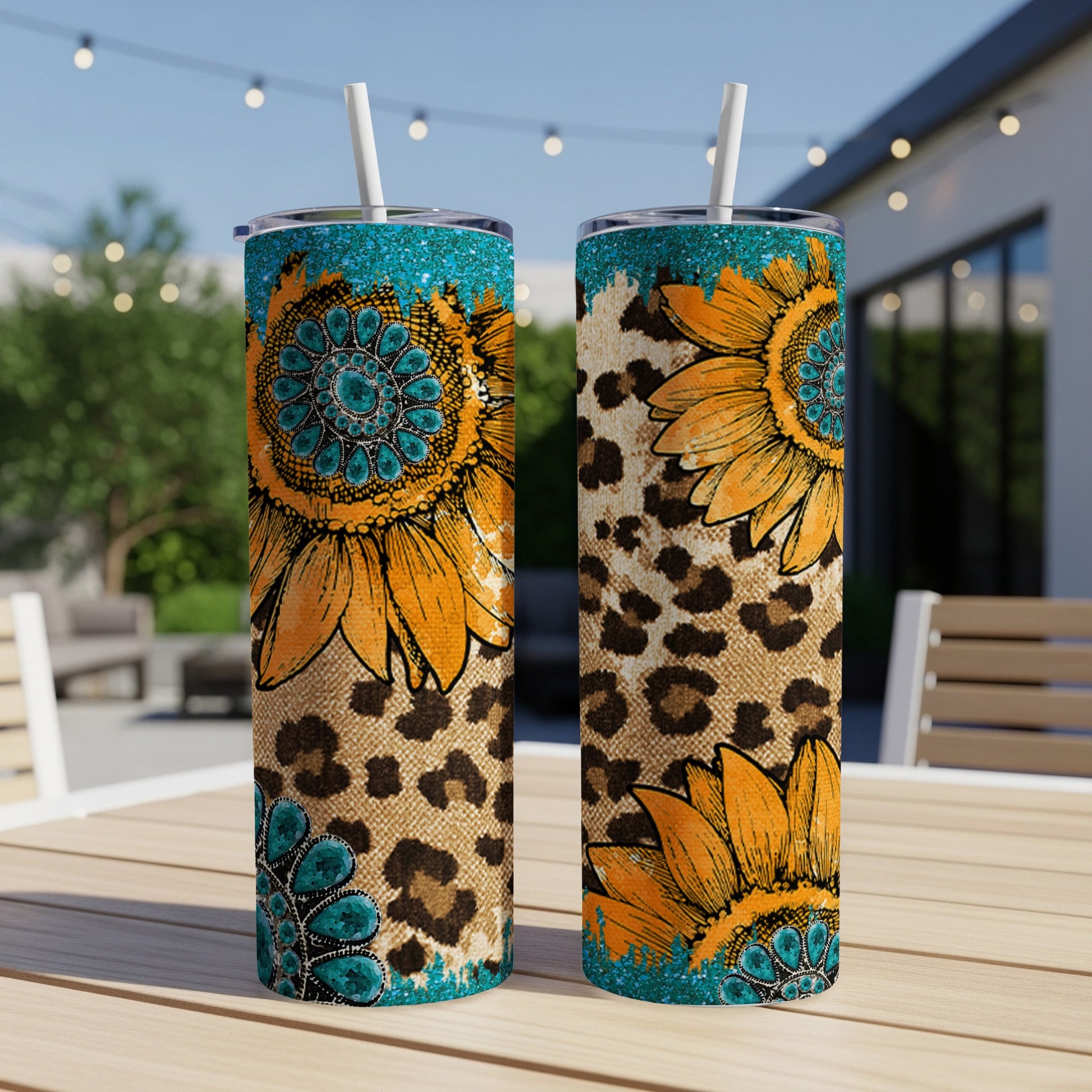 Two tall tumblers with sunflowers and leopard print designs.