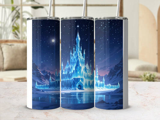 Ice castle under starry night on three tumblers.