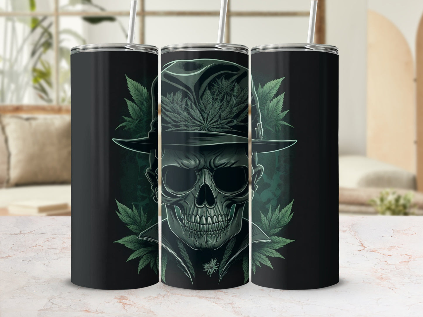 Skull with Leaf Design Stainless Steel Tumbler