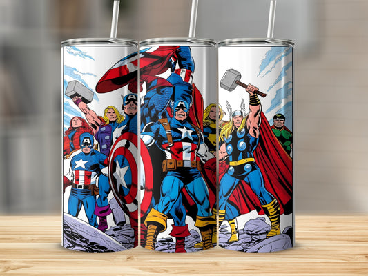 Avengers assembled: Captain America, Thor, Iron Man, Hulk, and others.