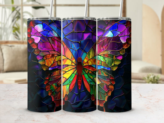 Colorful stained glass butterfly tumbler with straw.