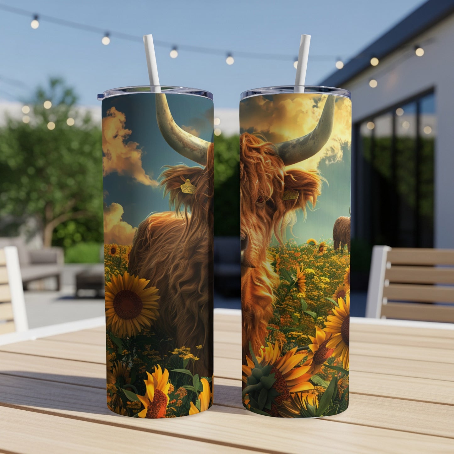 Highland cow in a field of sunflowers on a tumbler.