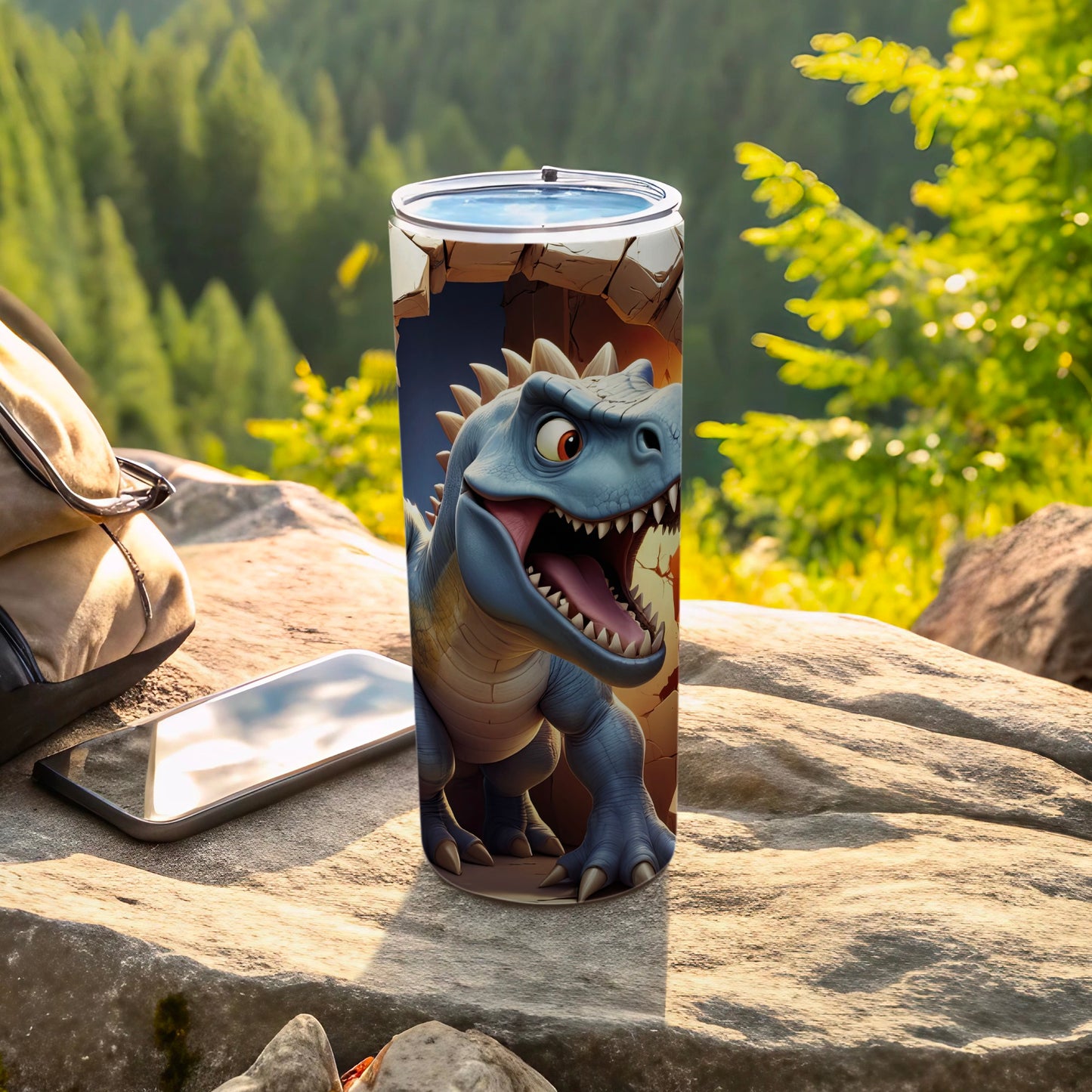 Blue dinosaur bursting through cracked stone on a tumbler.