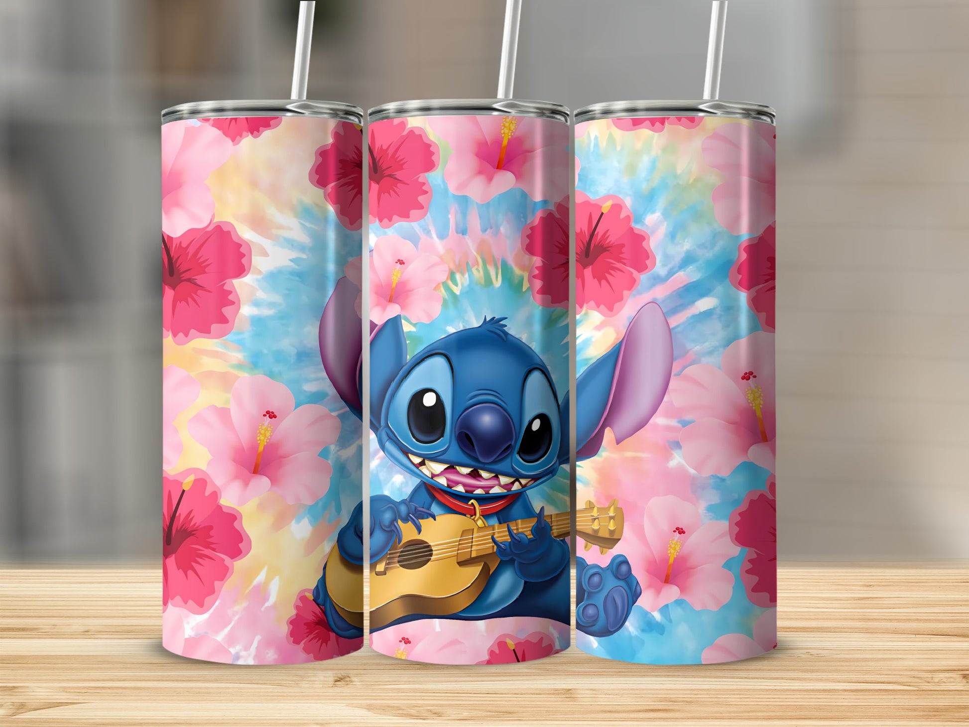 Cute Blue Alien Playing Guitar with Pink Flowers Tumbler