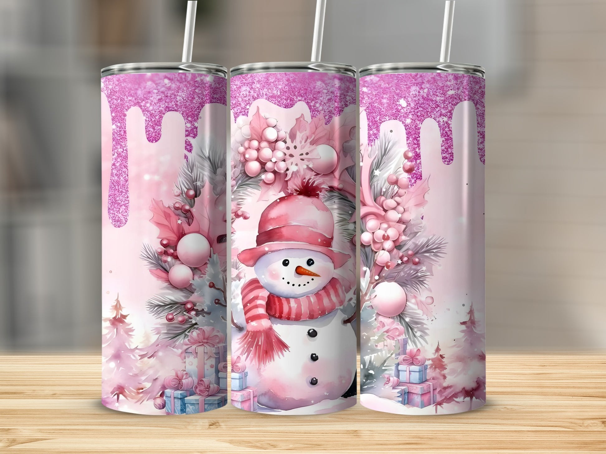 Pink Glitter Snowman Christmas Tumbler with Gift Boxes