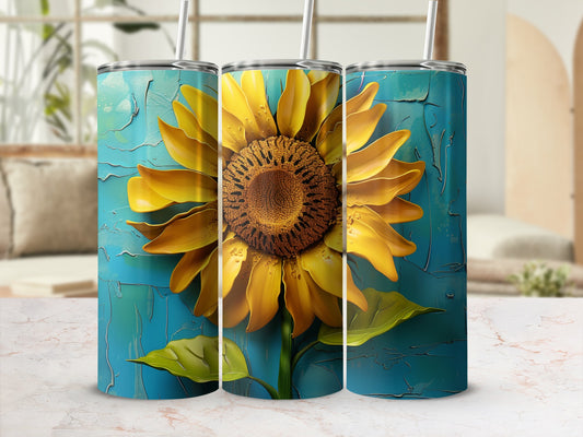 Triptych of a sunflower with vibrant yellow petals against a textured blue background.