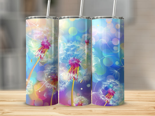 Three tumblers with dandelion and bokeh light designs.