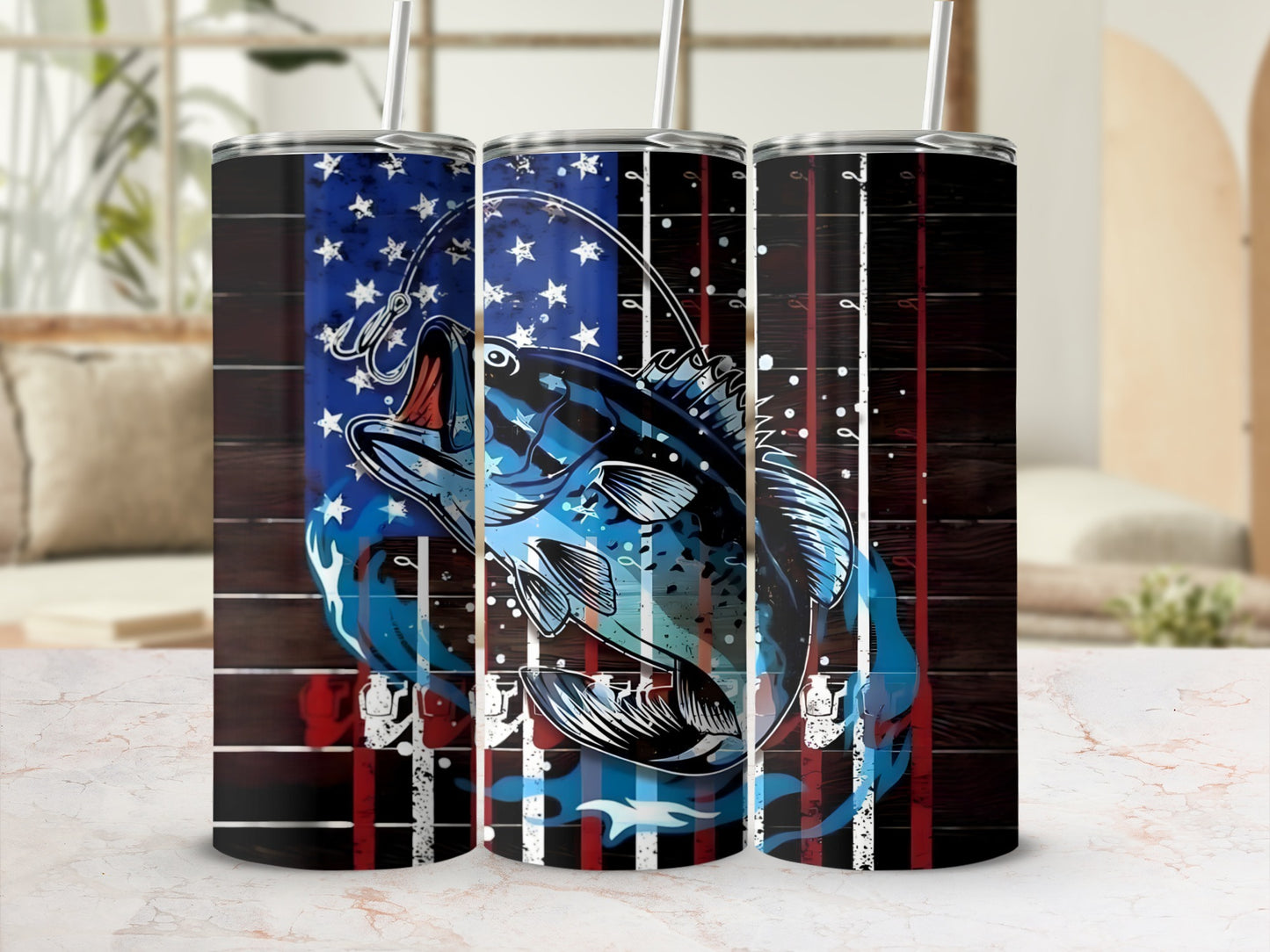 Fishing tumbler with American flag and leaping bass design.