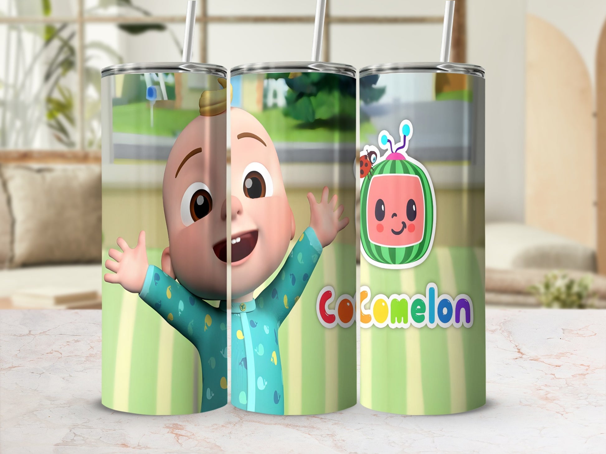 Cocomelon character with watermelon head and logo on a green striped tumbler.