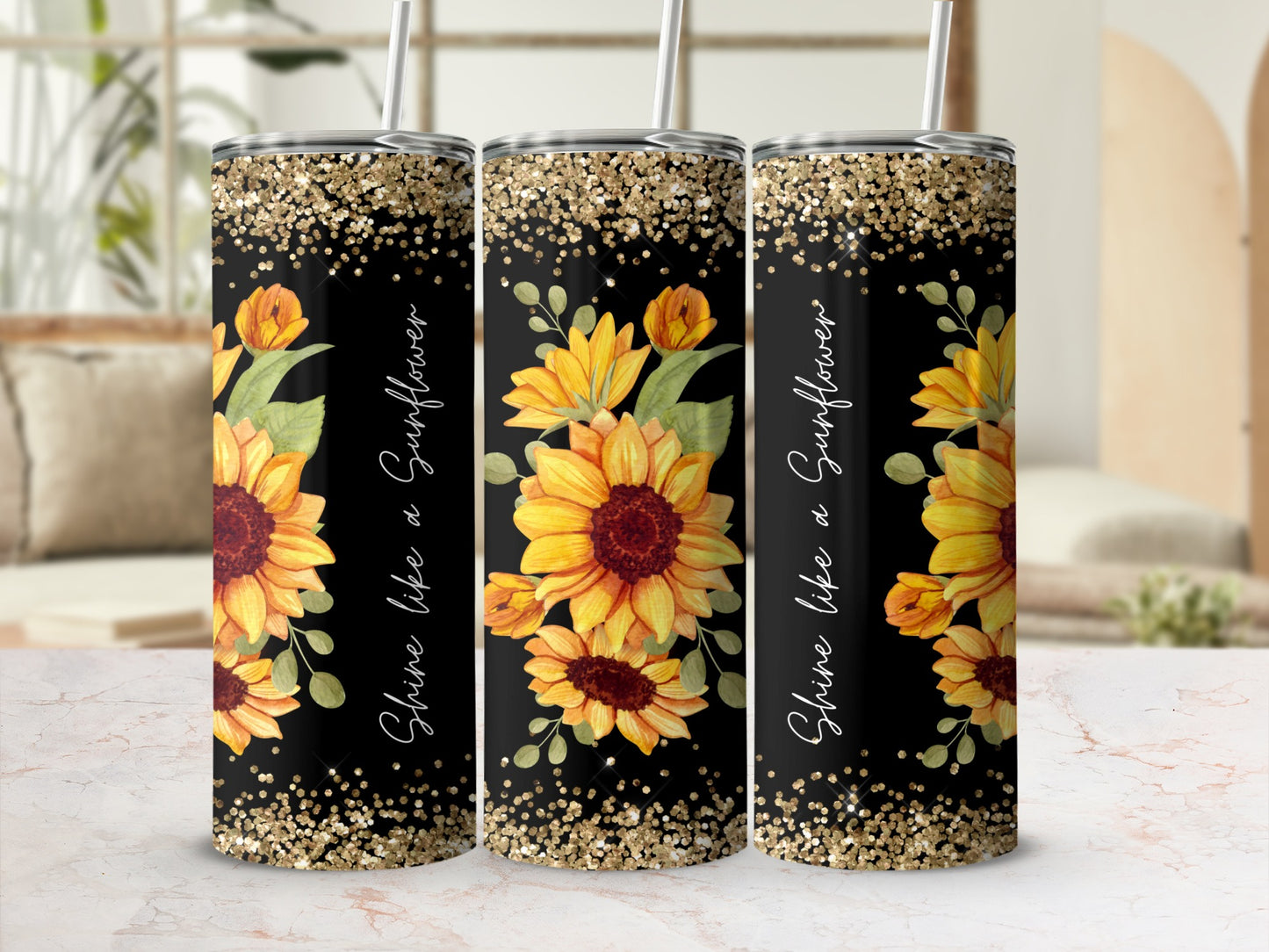 Black tumbler with sunflowers and gold glitter accent.