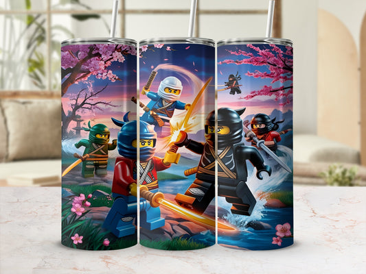 Three Ninjago characters in battle, with cherry blossoms and water.