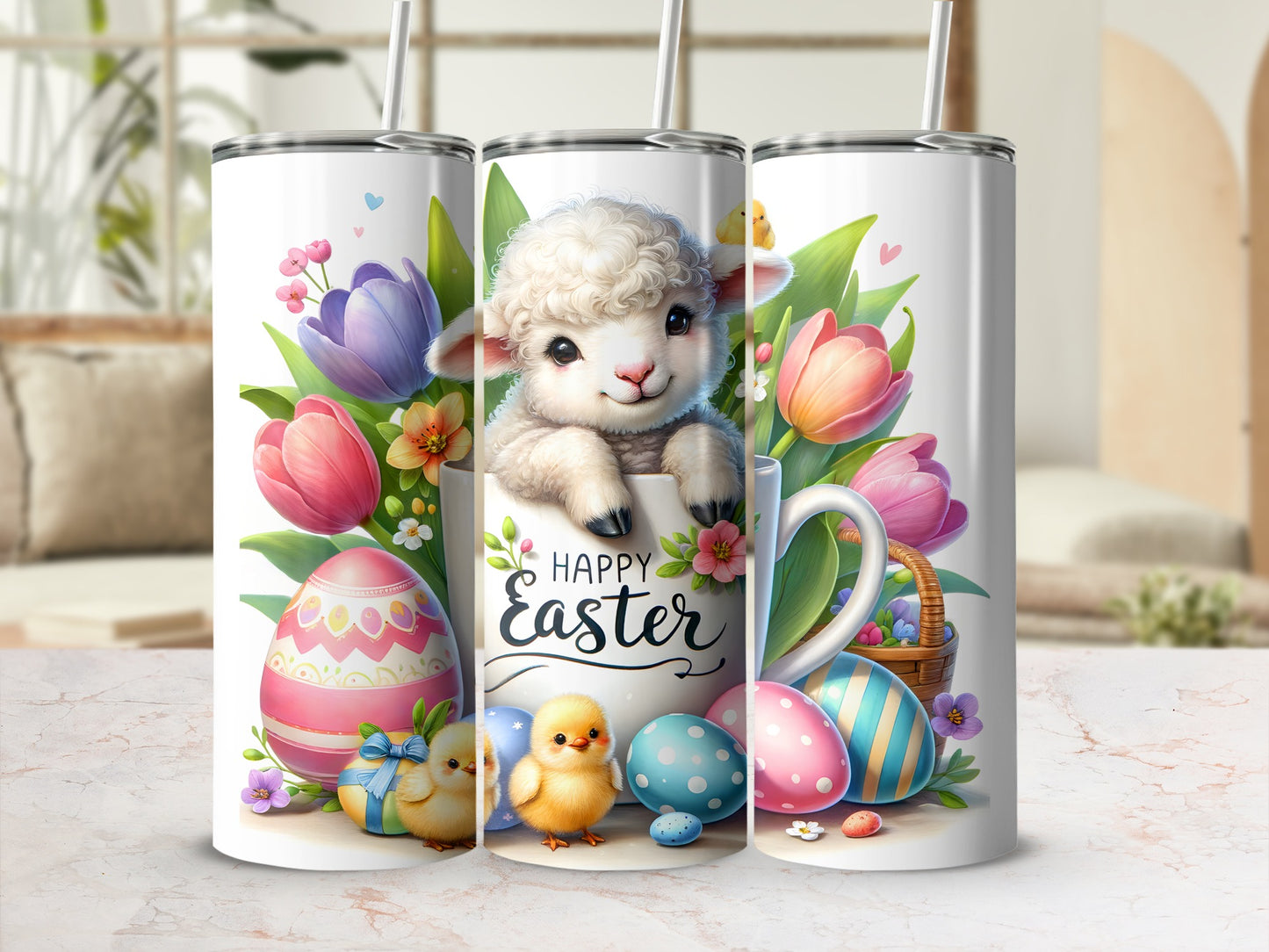 Easter tumbler with a lamb, chicks, eggs, and tulips.