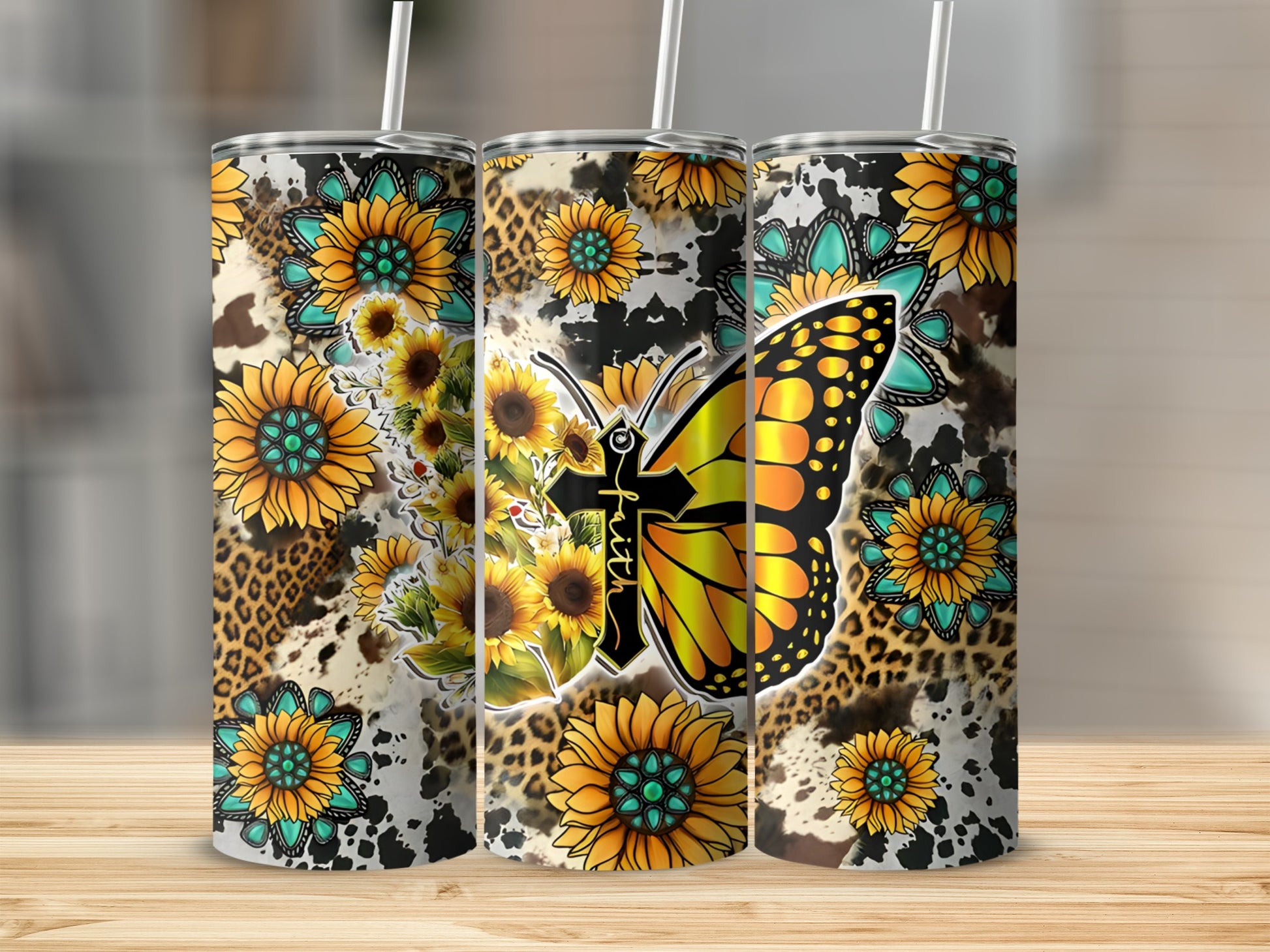 Sunflower and butterfly tumbler with "faith" text and leopard print.