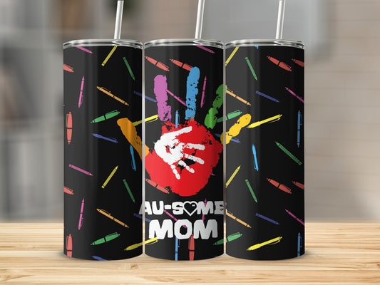 Colorful AU-SOME MOM Tumbler with Handprint Design