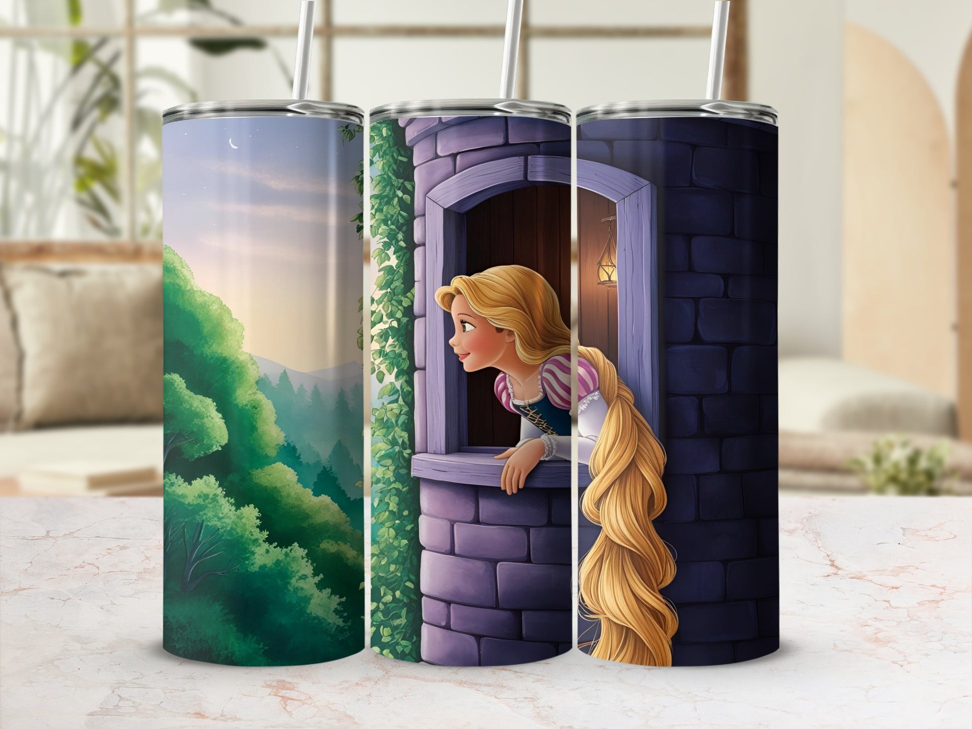 Rapunzel peeks from a tower window beside a forest scene.