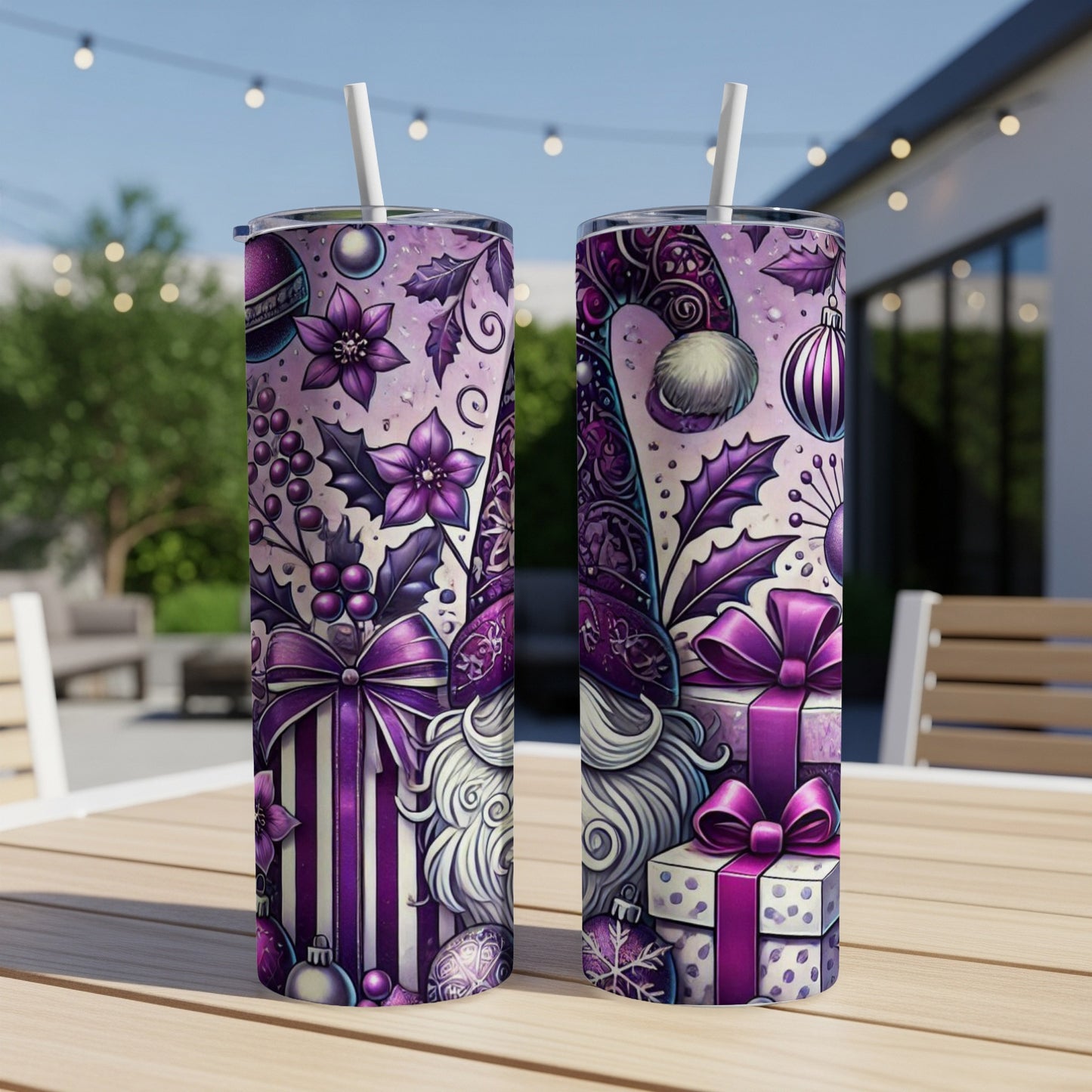 Two purple patterned tumblers with Christmas gnome and gift designs.